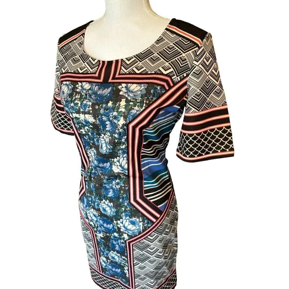 Jealous Tomato Women Dress SZ L Geometric Floral Print Short Sleeve Stretch NEW